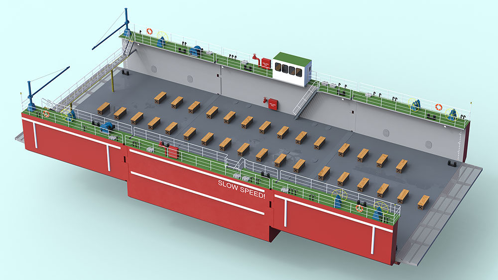 3D render of a red and grey floating dock