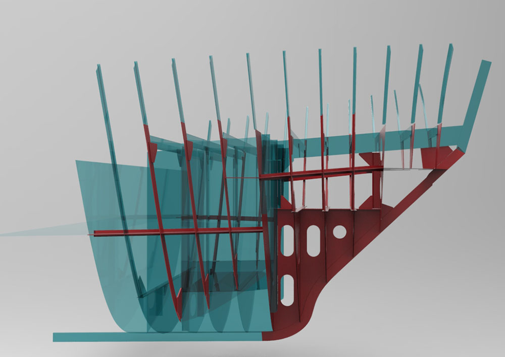Tug bow on scaffolding during ice strengthening