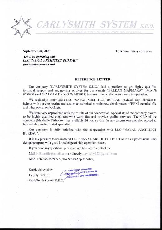 Reference letter from CarlySmith System s.r.o.