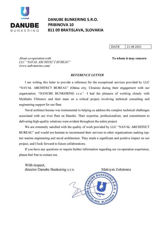 Reference letter from Danube Bunkering s.r.o.