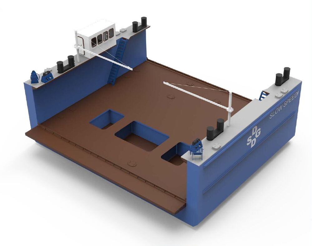 3D render of a blue stern-lifter pontoon