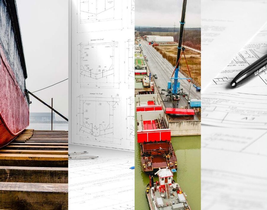 Four photographs side by side: a hull on the slip, frame drawings, dock sections moved by barge and a crane, and class documents with a pen